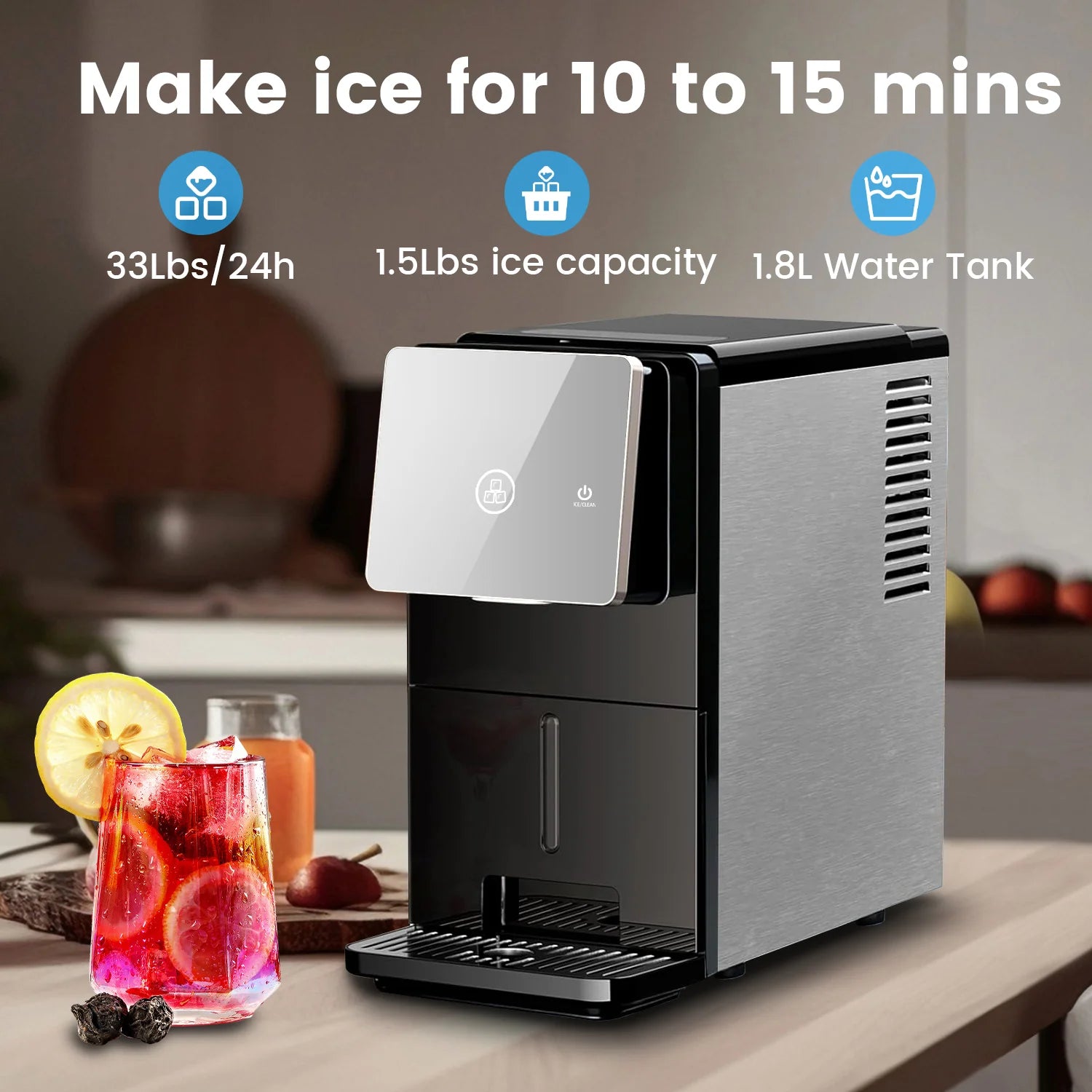 Electactic Silent Nugget Ice Maker – 33 lbs ice capacity in 24 hours, self-cleaning, 1.8L water tank