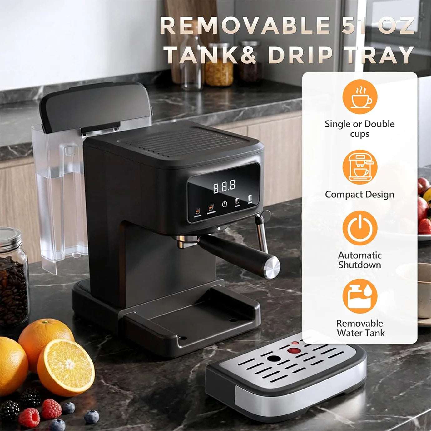 Electactic 15-Bar Espresso Machine with Milk Frother & LED Touch